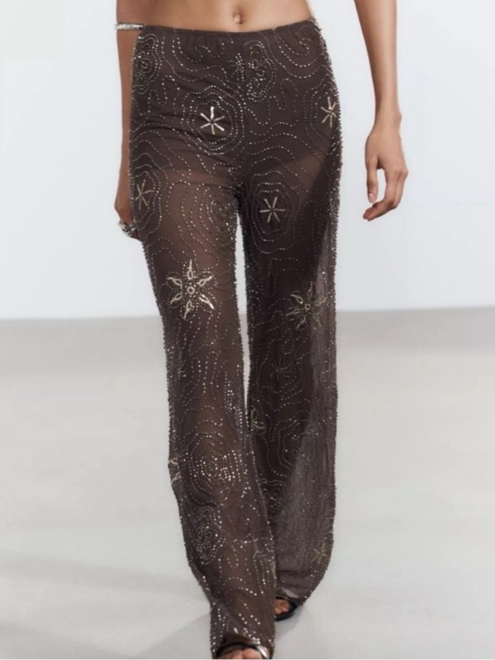 Zara Beaded Sequin Pants - Chocolate Embroidered Small